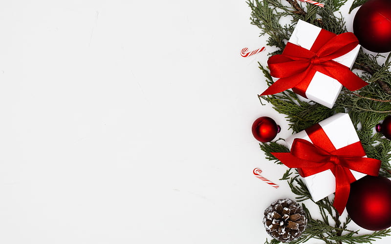 Merry Christmas, white boxes gifts, red silk bows, Happy New Year, Christmas background, Red christmas balls, HD wallpaper