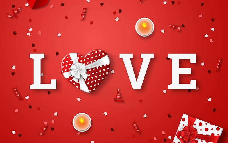 Love, red background, candles, love concepts, gift heart, red romantic background, HD wallpaper