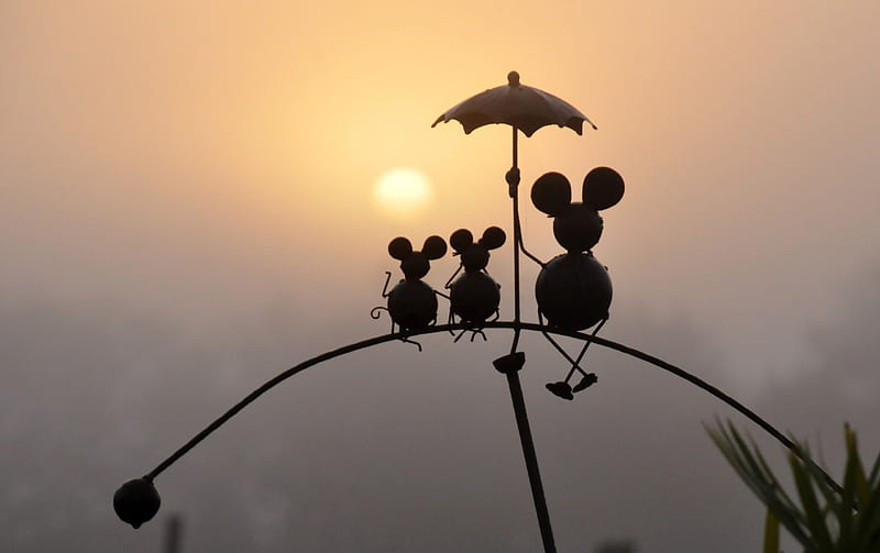 :), umbrella, black, mouse, family, cute, mice, silhouette, sunset, HD wallpaper