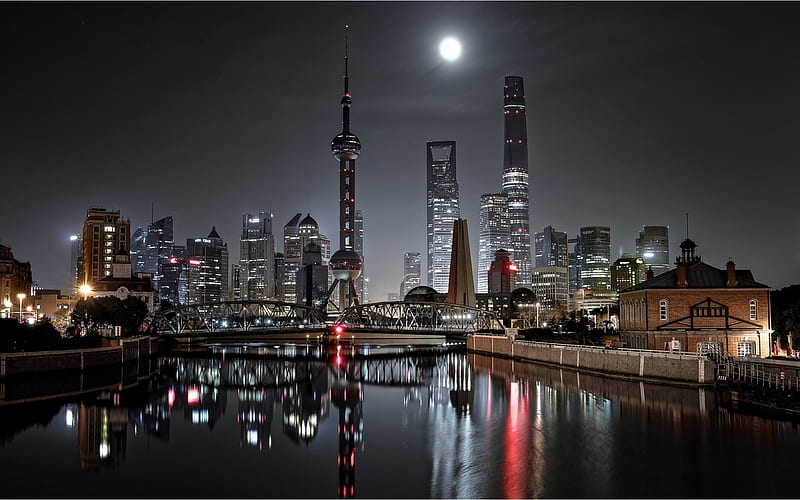 skyscrapers, night, lights, city, china, shanghai, water, HD wallpaper