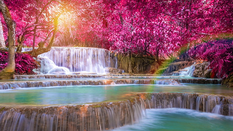 Waterfall in Laos, trees, landscape, colors, blossoms, river, cascade, HD wallpaper