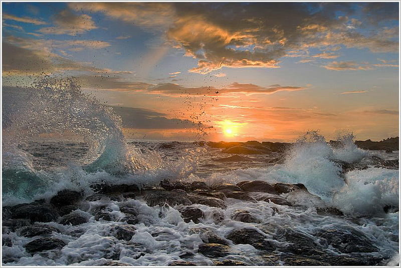 Waterscape sunrise, bigs, waterscape, sunrise, waves, sea, HD wallpaper