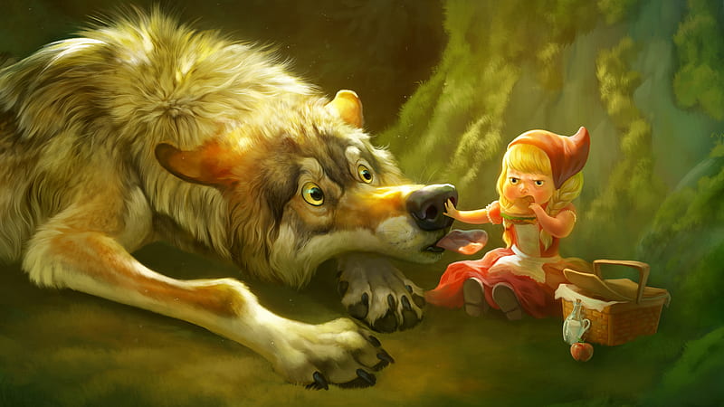 Silly wolf, red, art, silly beasts, red riding hood, cute, fantasy, girl, green, copil, child, funny, wolf, therese larsson, HD wallpaper