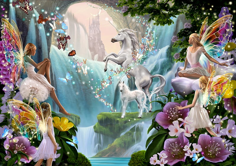 Unicorn and Fairy Waterfall, mountains, painting, fairies, butterflies, artwork, horses, HD wallpaper