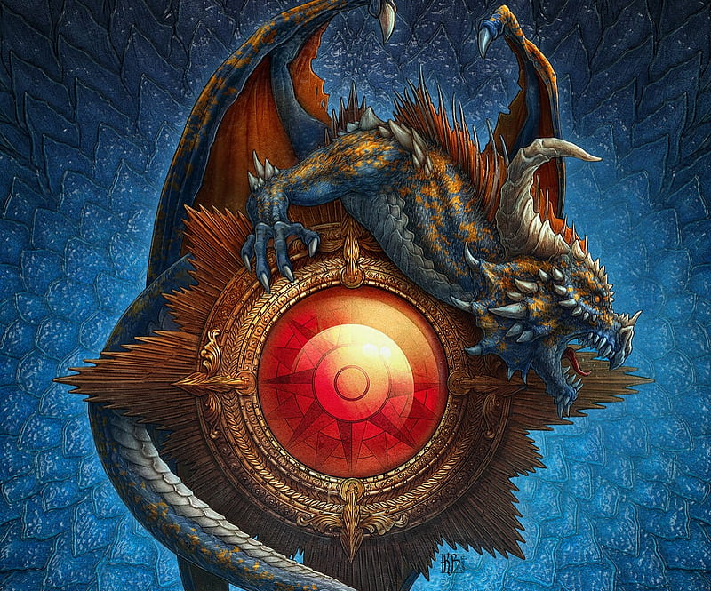 Dragon, blue, kerem beyit, red, fantasy, luminos, HD wallpaper