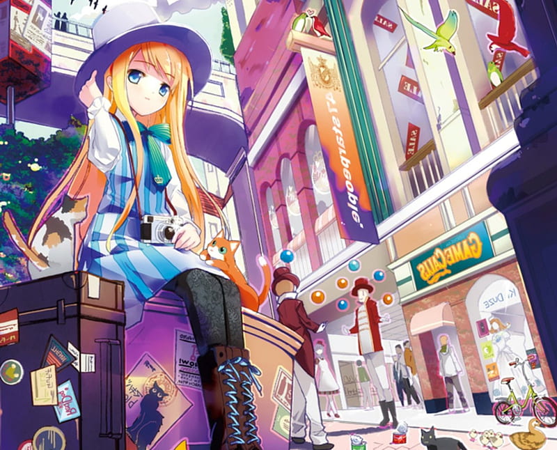 shopping center, pretty, house, camera, wing, sweet, nice, walkway, anime, beauty, anime girl, long hair, boot, ribbon, blonde, sky, cat, building, cute, crown, shop, scenic, dress, neko, bag, shopping complex, bonito, bicyle, animal, city, duck, people, scenery, female, cloud, luggage, view, shopping centre, hat, girl, bird, complex, scene, HD wallpaper