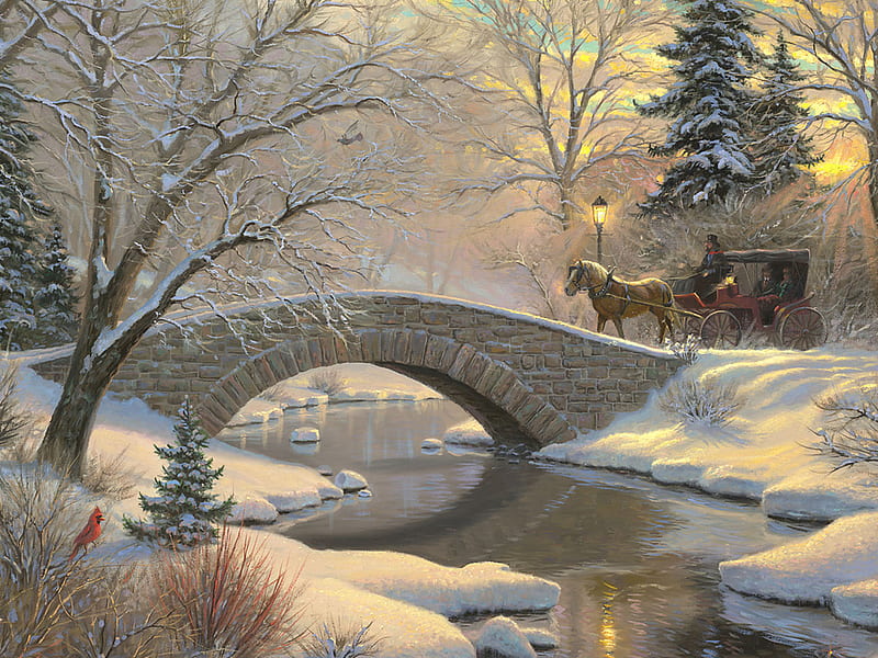 Winter landscape, art, christmas, winter, tree, snow, bridge, drawing, painting, ice, nature, river, HD wallpaper