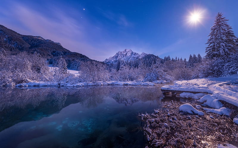 mountains, winter, night, mountain lake, snow, HD wallpaper
