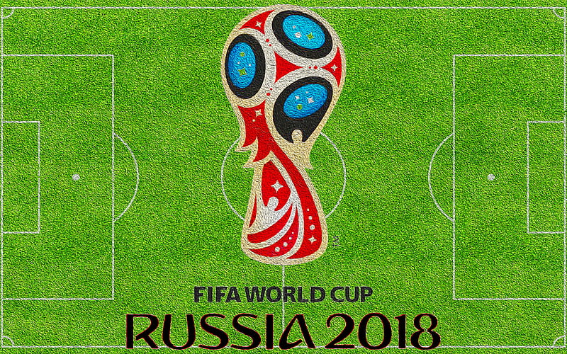 Russia 2018, football field, FIFA World Cup Russia 2018, FIFA World Cup 2018, logo, green grass, soccer, FIFA, football, Soccer World Cup 2018, creative, HD wallpaper