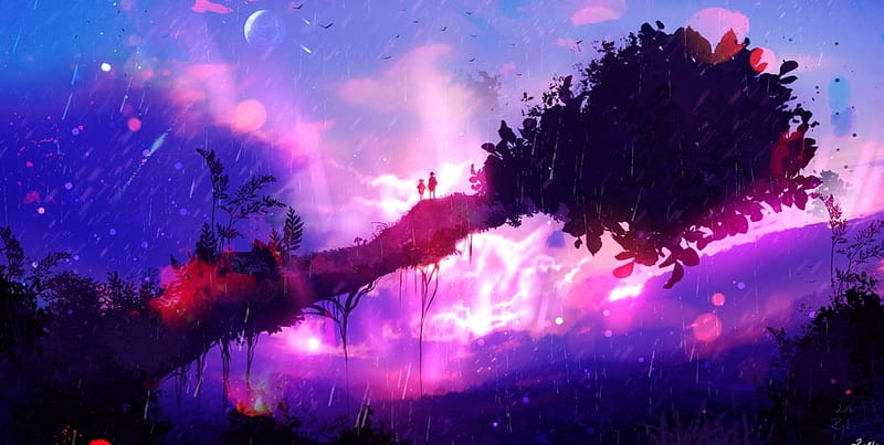 Purple rain, ryky, black, rain, silhouette, pink, couple, blue, luminos, tree, fantasy, HD wallpaper