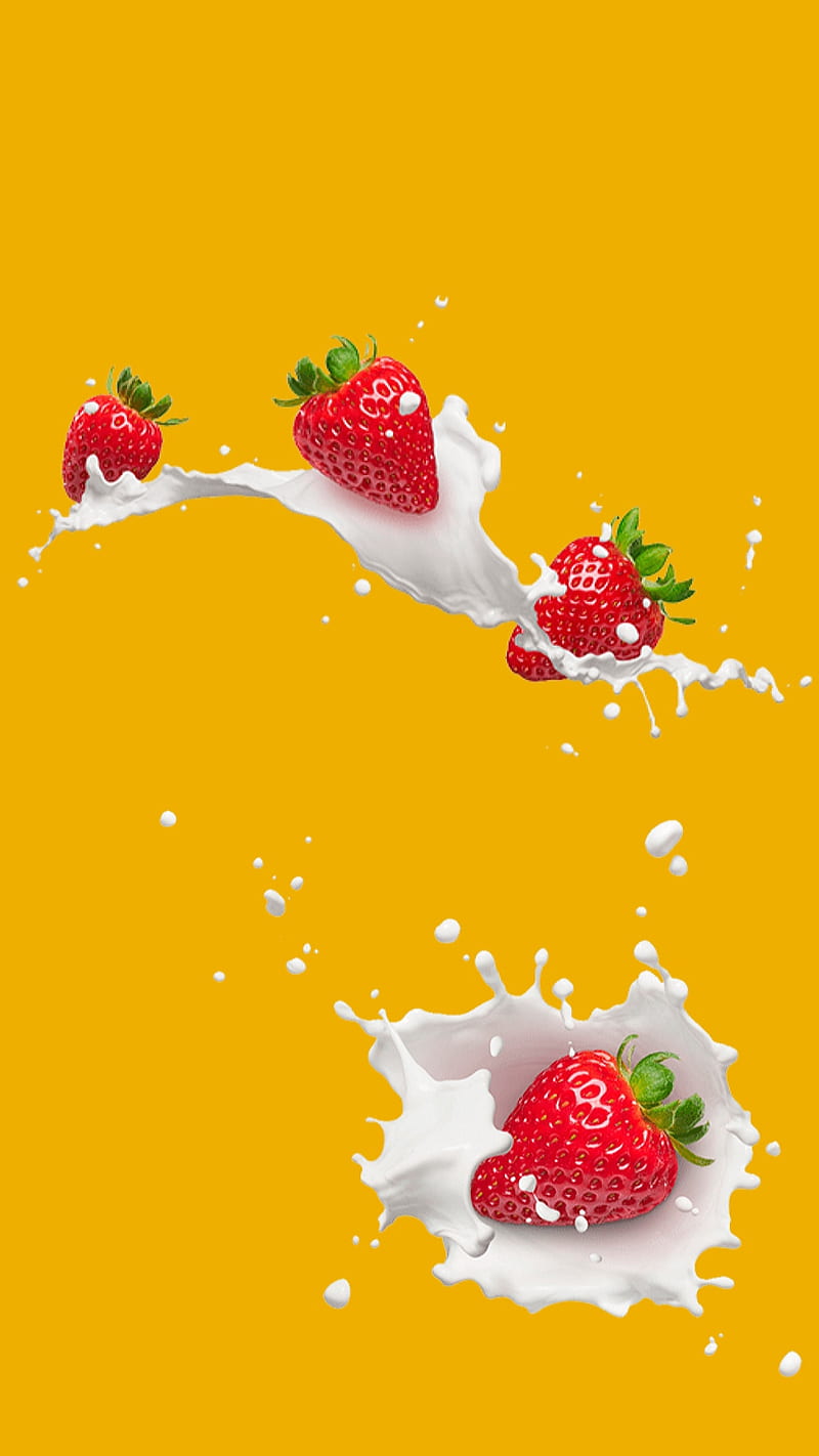 Strawberries, food, fruit, milk, red, splash, strawberry, yellow, HD phone wallpaper