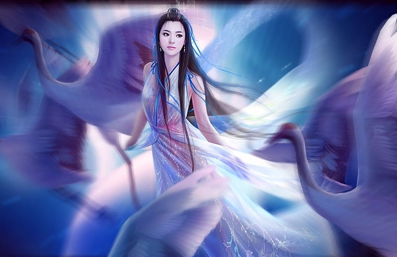 Fantasy girl, purple, bird, luminos, crane, white, blue, wings, fantasy, hiliuyun, asian, HD wallpaper