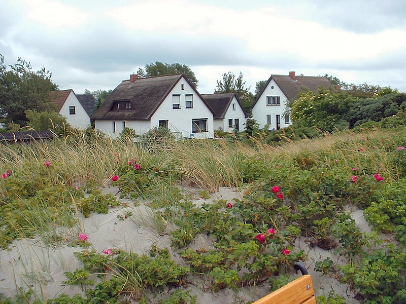 Fishermens houses in the dunes, beach, fishermen, islands, baltic sea, HD wallpaper