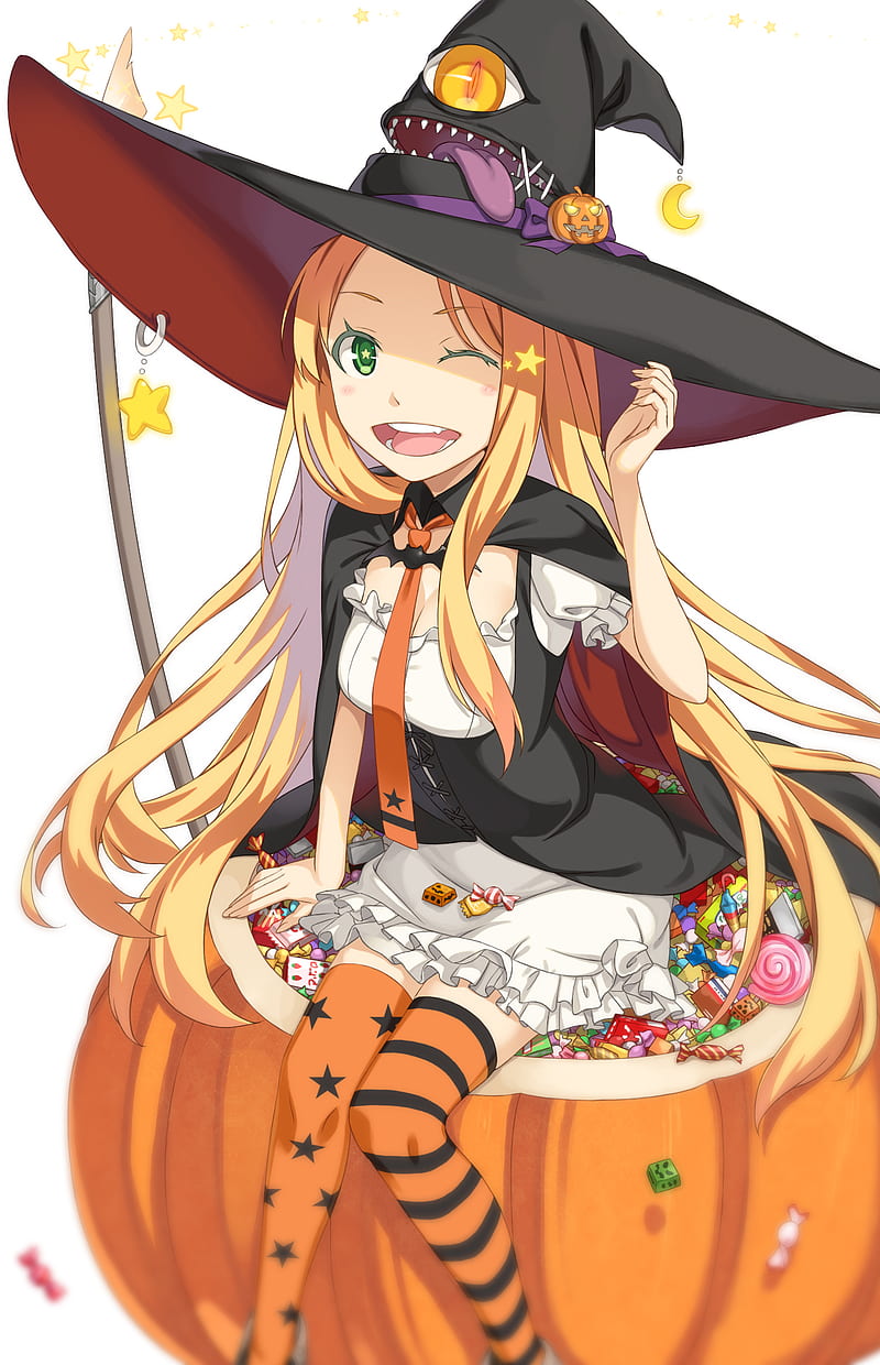 Halloween, witch hat, white background, cleavage, thigh-highs, witch, blonde, HD phone wallpaper
