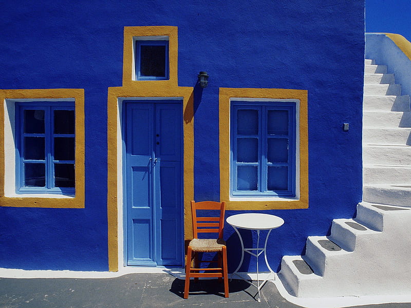 Santorini steps, table, greece, greek, house, window, stairs, bonito, door, nice, santorini, chair, white, blue, steps, HD wallpaper