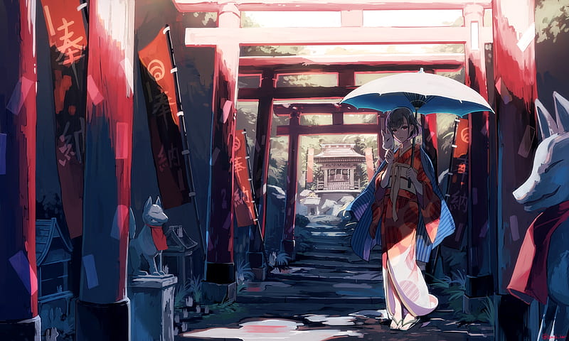 anime girl, kimono, shrine, umbrella, traditional clothes, Anime, HD wallpaper