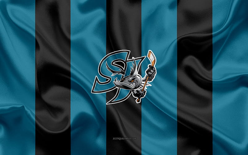 San Jose Barracuda, American Hockey Club, emblem, silk flag, blue-black silk texture, AHL, San Jose Barracuda logo, San Jose, California, USA, hockey, American Hockey League, HD wallpaper