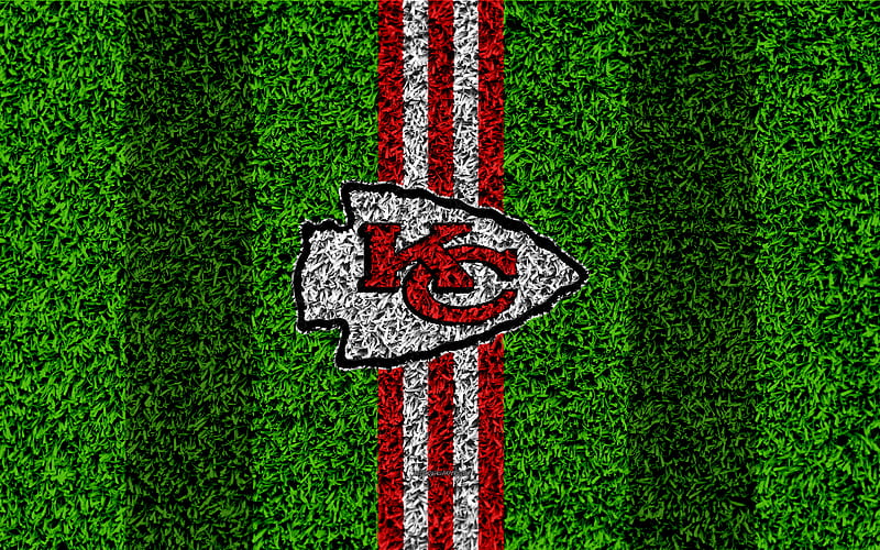 Kansas City Chiefs, logo grass texture, emblem, football lawn, red white lines, National Football League, NFL, Kansas City, Missouri, USA, American football, HD wallpaper