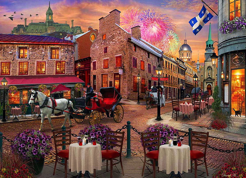 Old Montreal, houses, people, coach, horse, artwork, tables, city, restaurant, fireworks, digital, canada, HD wallpaper