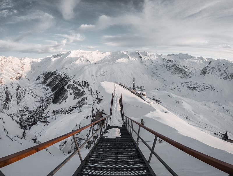 bridge, mountains, snow, peak, mountain range, HD wallpaper