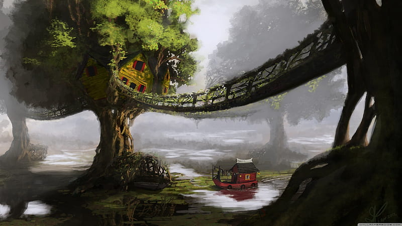 treehouse, tree, boat, house, bridge, HD wallpaper