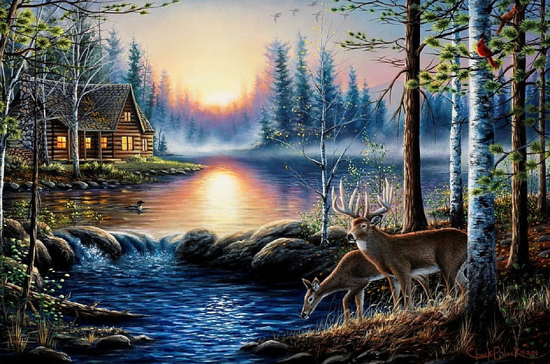 Lakeside Cabin , lakes, north woods, love four seasons, spring, attractions in dreams, deer, lakeside, paintings, summer, nature, cabins, HD wallpaper