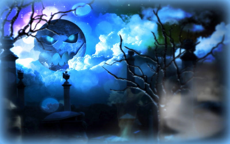Blue Moon Halloween, macabre, holiday, halloween, colors, creative pre-made, digital art, horror, moon, ghost, spooky, dark, blue, HD wallpaper