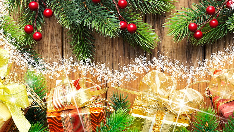 All Wrapped Up and Tied, feliz navidad, christmas, packages, firefox persona, ribbons, vintate, board, berries, now, presents, fir, gifts, wood, spruce, HD wallpaper