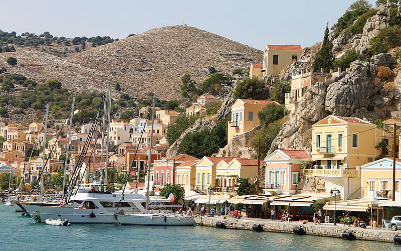 Symi Island, Greece, Simi, bay, mediterranean, white yachts, mountain landscape, summer, HD wallpaper