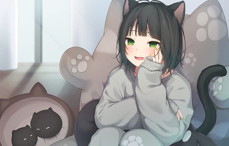 anime cat girl, black hair, tail, animal ears, short hair, Anime, HD wallpaper