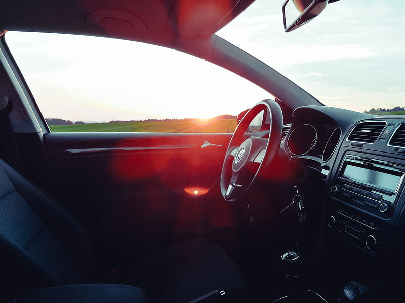 volkswagen, salon, steering, car, sunset, glare, HD wallpaper