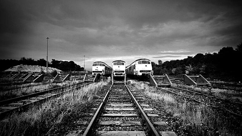 the end of the line for dutch trains, black and white, grass, tracks, trains, HD wallpaper