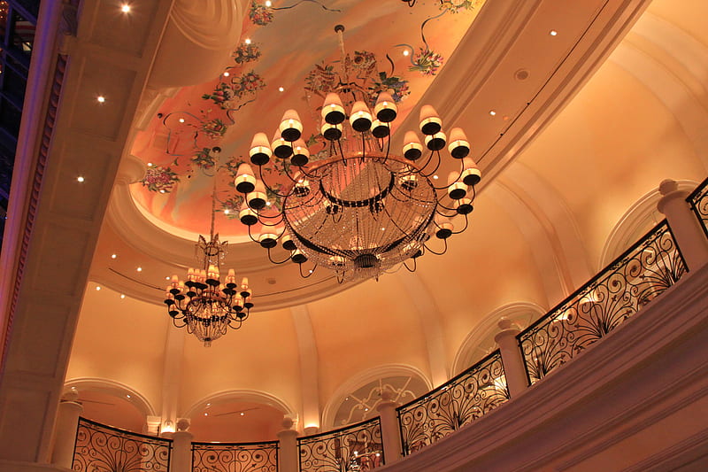 Bellagio, chandelier, lights, ceiling, elegant, HD wallpaper
