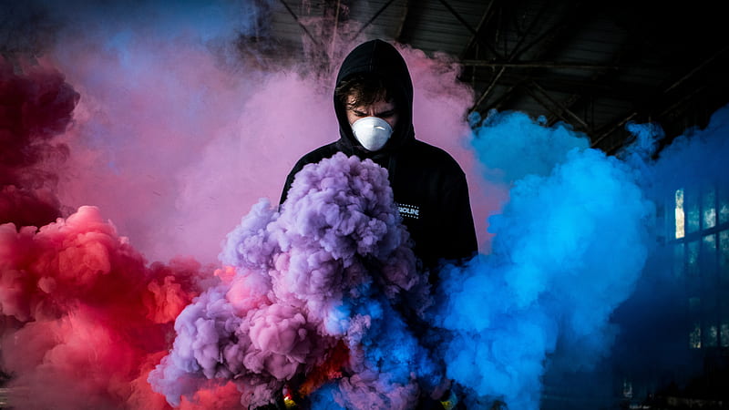 colorful smoke, hoodie, man, smoke, mask, Men, HD wallpaper