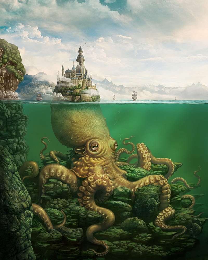 Octopus in Water, castle, city, fantasy, on, sea, super, tentacles, HD phone wallpaper