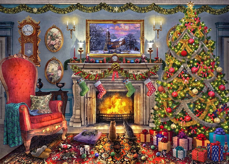 Festive fireplace, tree, dominic davison, christmas, painting, pisici, cat, art, fireplace, room, pictura, HD wallpaper