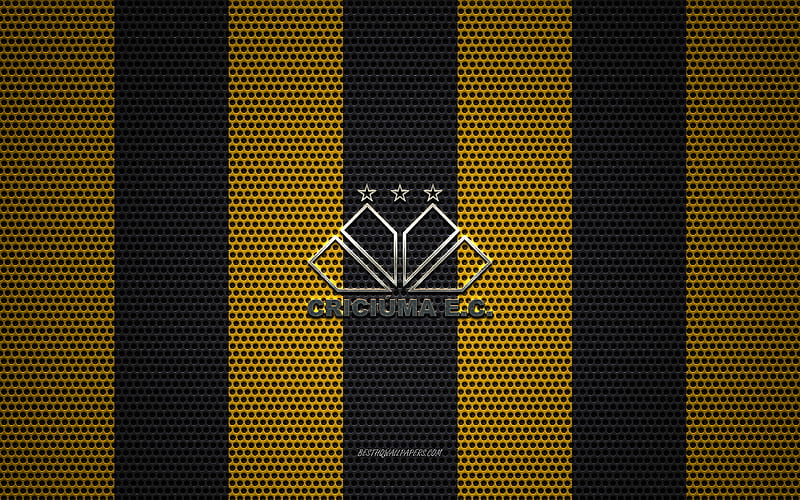 Criciuma EC logo, Brazilian football club, metal emblem, yellow black metal mesh background, Criciuma EC, Serie B, Crisiuma, Brazil, football, HD wallpaper