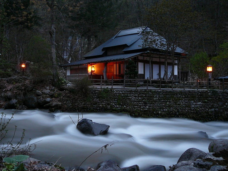 Aoni Onsen, japan, japanese, onsen, hot spring, night, HD wallpaper