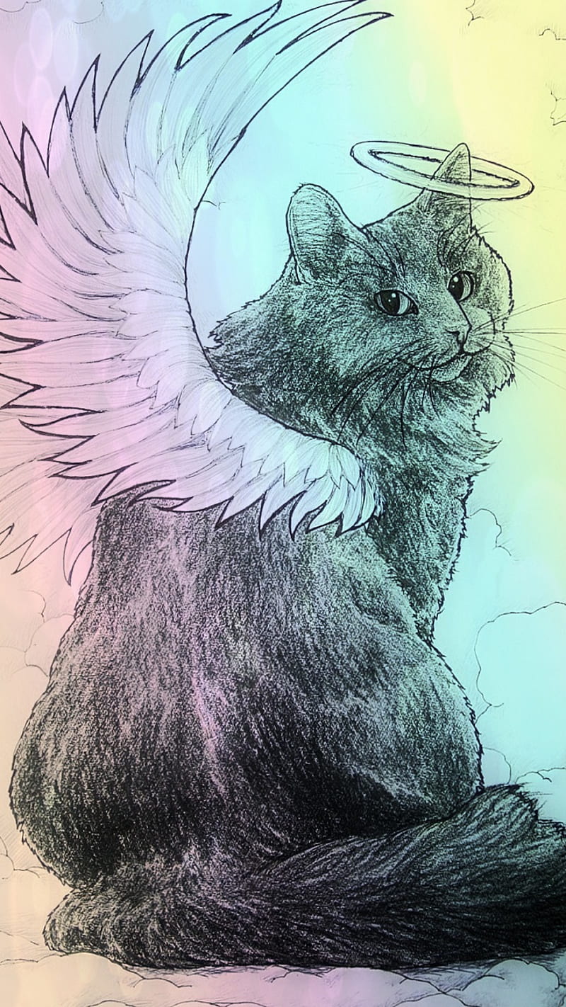 Furry Angel Cat Art, angel, feline, halo, heaven, kitty, pet loss, rainbow, sky, wings, HD phone wallpaper