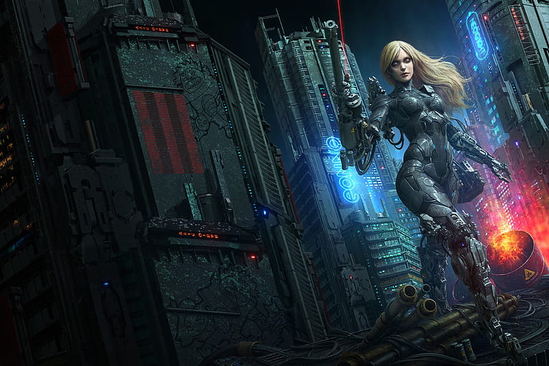 cyborg woman, robot, futuristic city, laser, blonde, Sci-fi, HD wallpaper