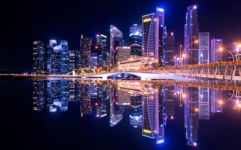 Singapore, night, bay, skyscrapers, modern buildings, metropolis, Asia, HD wallpaper