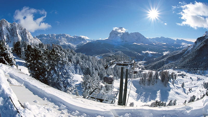 gorgeous clear day over ski resort in selva italy, resort, clear, mountains, lift, sunshine, ski, trees, HD wallpaper