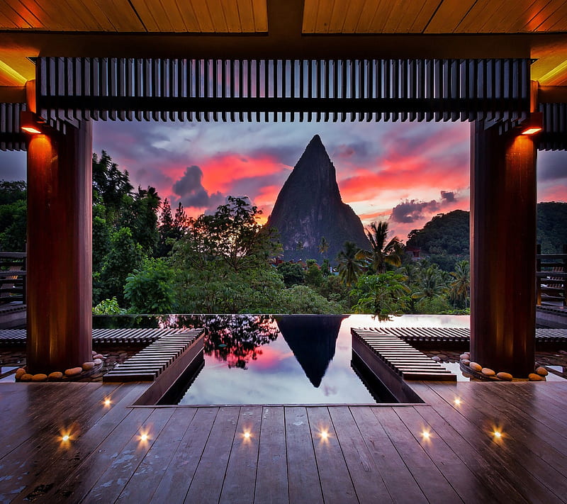 Resort, mountain, paradise, sunset, tropical, HD wallpaper