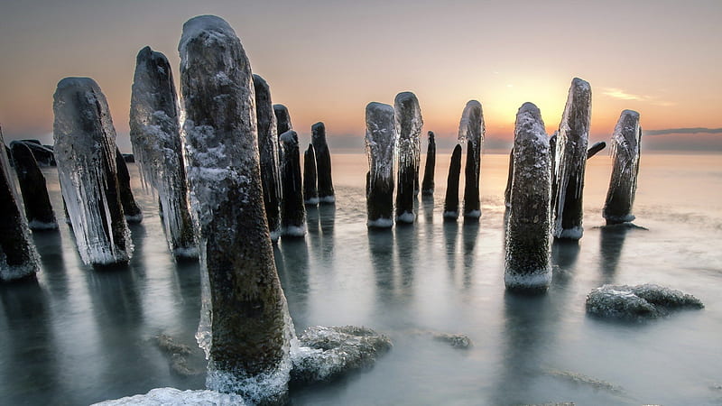 wooden pylons at sea cover in ice, ice, sunset, pylons, wood, sea, HD wallpaper