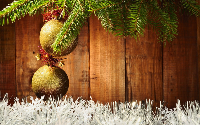 Merry Christmas, wooden background, Happy New year, golden balls, xmas decoration, Christmas, HD wallpaper