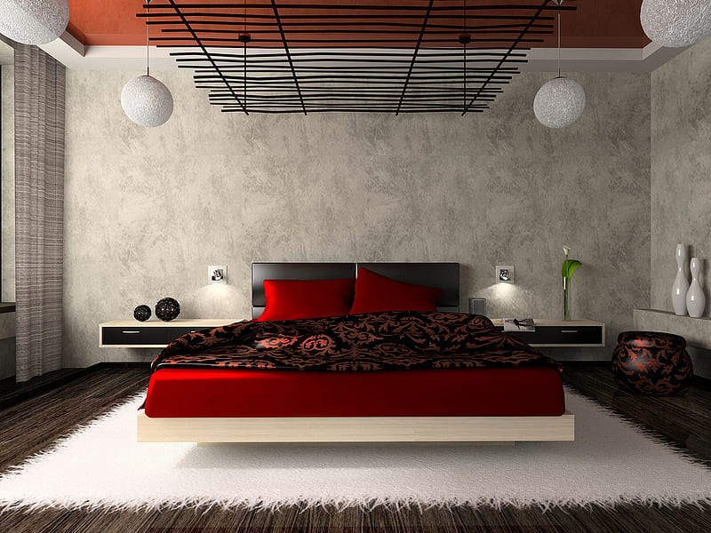 Bedroom, red, house, bed, HD wallpaper