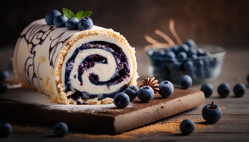 Roll cake, Cake, Cream, Cheese, Blueberries, HD wallpaper