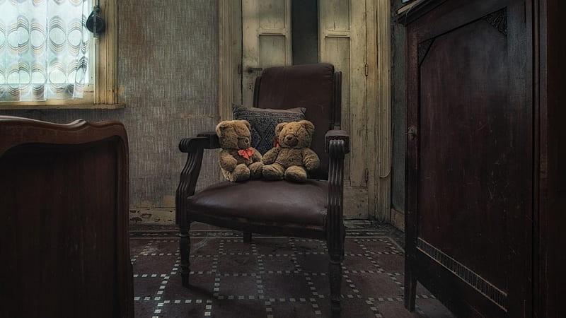 teddy bears on a chair in neglected room r, teddy bears, chairs, interiors, r, room, neglected, HD wallpaper