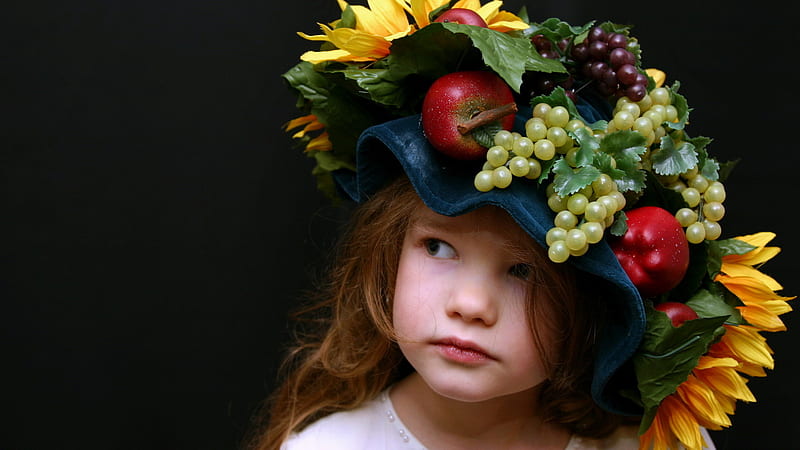 What's on my head ?, apples, fruits, sunflower, hat, cute, grapes, girl, flowers, funny, HD wallpaper