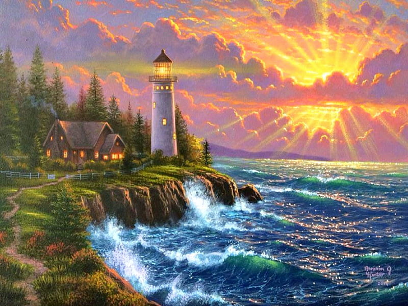 Light of the Beginning, architecture, oceans, cottages, autumn, colors, love four seasons, bonito, sky, clouds, paintings, lighthouses, nature, fall seasons, sunshine, HD wallpaper